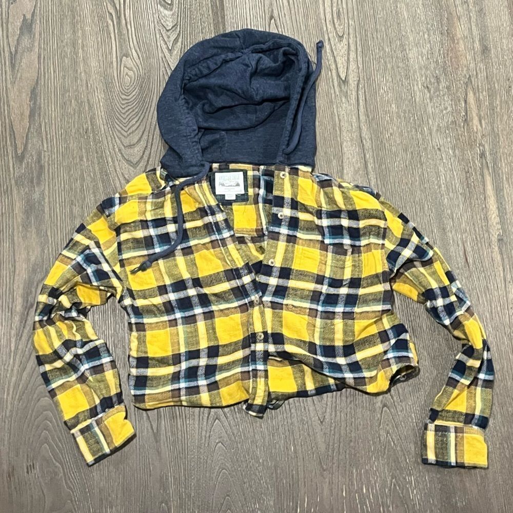 American Eagle Cropped Sweatshirt Hoodie Flannel Plaid Button Up Multicolor XS